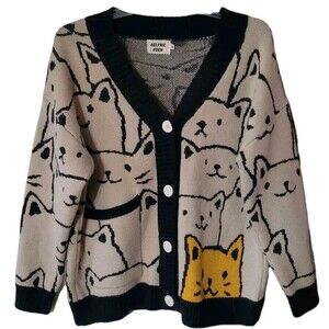 Aelfric Eden Cardigan Sweater Womens M  Kitten All Over Print Kitty Cat Lady